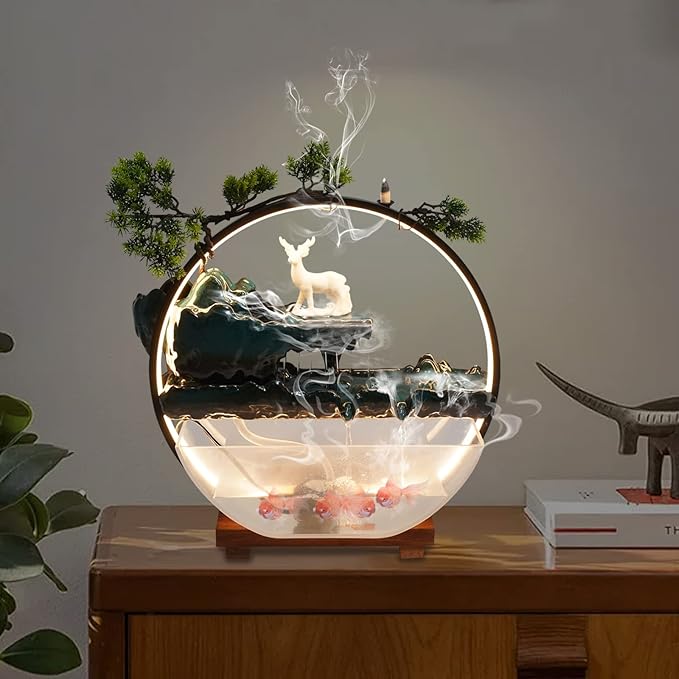 17Inch Mini Fish Tank Tabletop Decoration Indoor Waterfall Fountains Humidifier with LED Light and Atomizer Mist, Water Fountain Japanese Zen Decor Meditation Fake Plants Bonsai Gift - Bloomnest