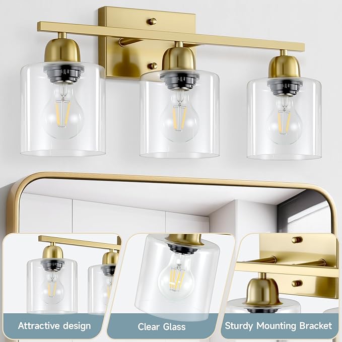 Modern Brushed Gold 3 Light Bathroom Light Fixtures, 19 inch Vanity Lights for Bathroom with Clear Glass for Mirror Kitchen Living Room Hallway Cabinet Porch - Bloomnest