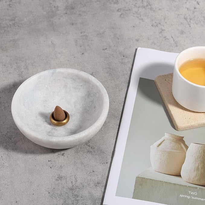 Koville Natural Marble Incense Holder, Incense Holder for Sticks with 9 Holes, Handmade Incense Burner Ash Catcher for Meditation Yoga SPA, Balsam Fir/Palo Santo/Sage/Cone (Grigio Fantasy)