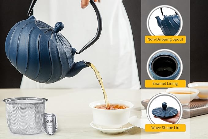 TOPTIER Japanese Cast Iron Teapot with Infuser, Stovetop Safe Teakettle, Wave Design, Enameled Interior, 30 oz (900 ml), Green - Bloomnest