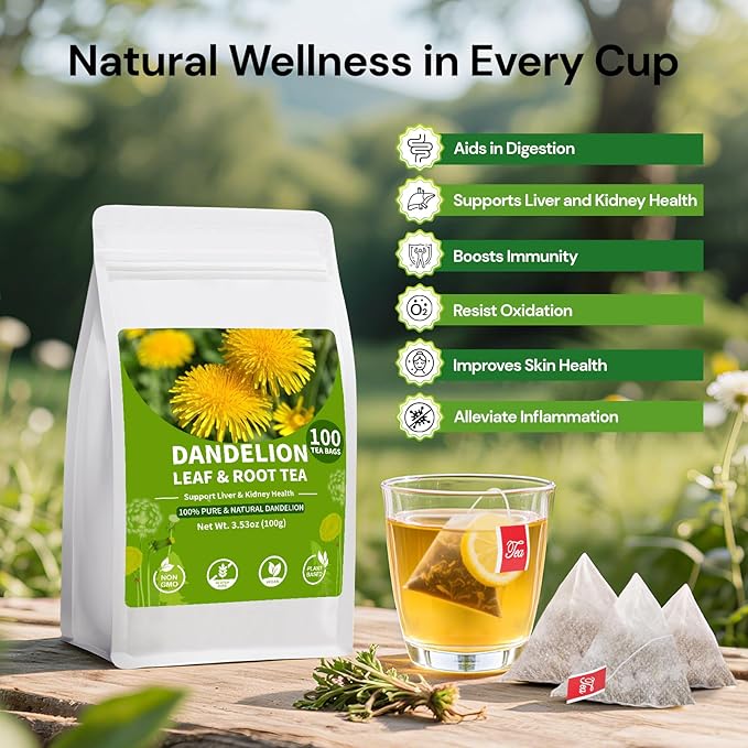 Dandelion Leaf and Root Tea bags, Natural Chinese Detox Herbal Tea Support Liver & Kidney Health and Aid Digestion Caffeine Free (1 Pack/100 Bags) - Bloomnest
