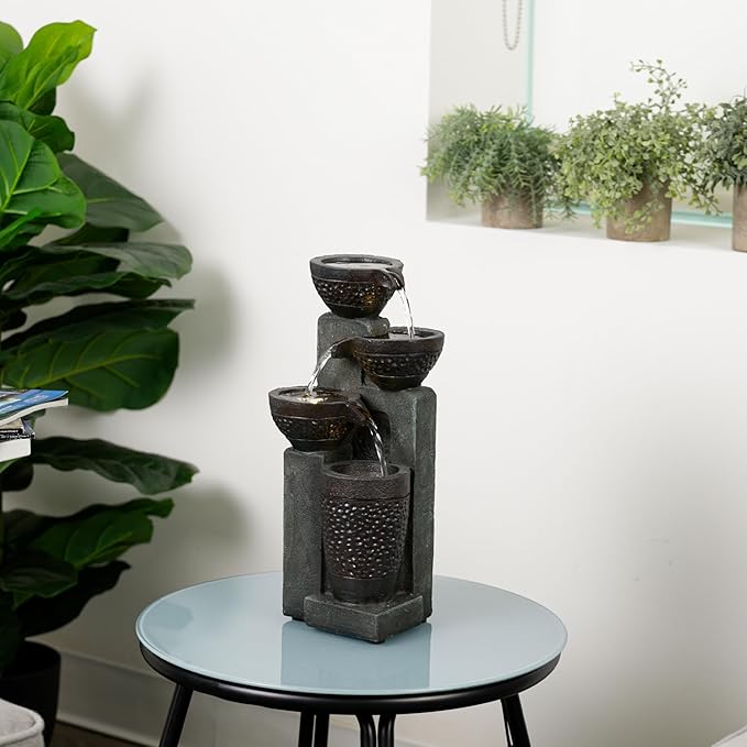 Alpine Corporation TZL412 14" Stoned Jar Cascading Water Fountain with LED Lights – Elegant Tabletop Water Feature for Home, Office, Living Room, Bedroom, and Desk Décor, Gray - Bloomnest