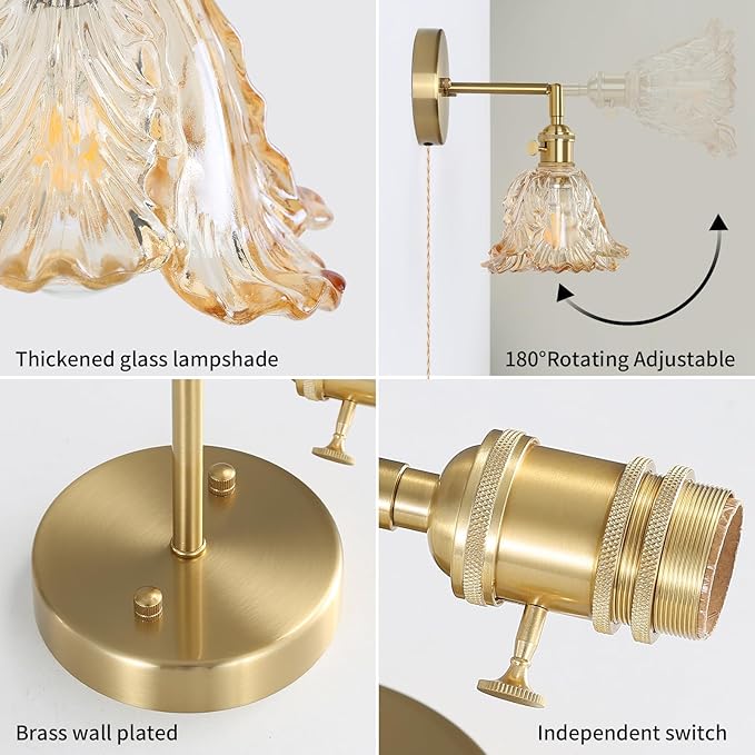 Vintage Plug in Wall Sconces Set of 2, Cabbage Amber Lampshade & 180 Degree Adjustable, Brass Wall Lights, for Bedroom Living Room Hallway Aisle, Bulbs Not Included, ETL Listed - Bloomnest