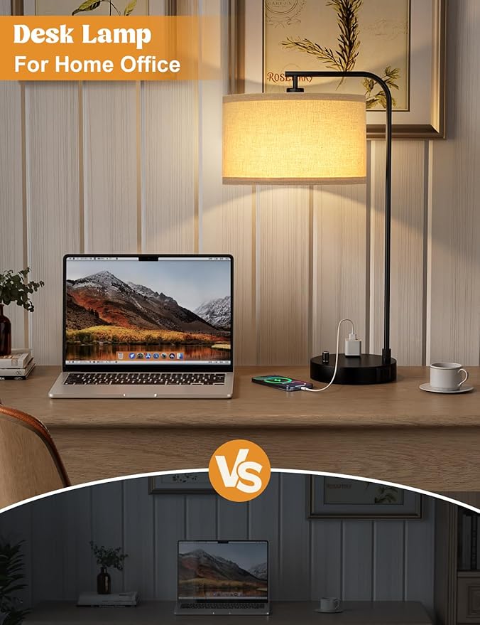 Tall Table Lamp with USB Port and Outlet, Dimmable Nightstand Bedside Lamps with Linen Lampshade, Desk Lamp for Bedroom, Living Room, Guest Room, Home Office, LED Bulb Included - Bloomnest