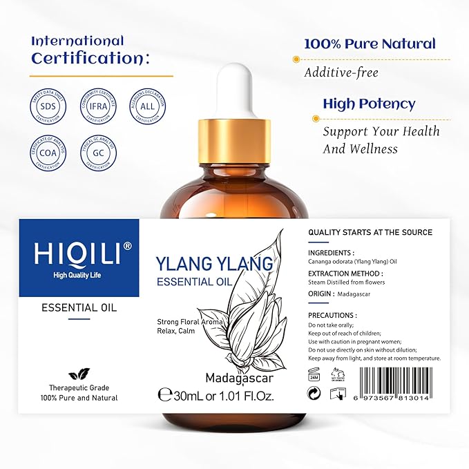 HIQILI Ylang-Ylang Essential Oil, Long-Lasting Scent for Diffusers, Perfumes, Aromatherapy, DIY - 1.01 Fl Oz - Bloomnest