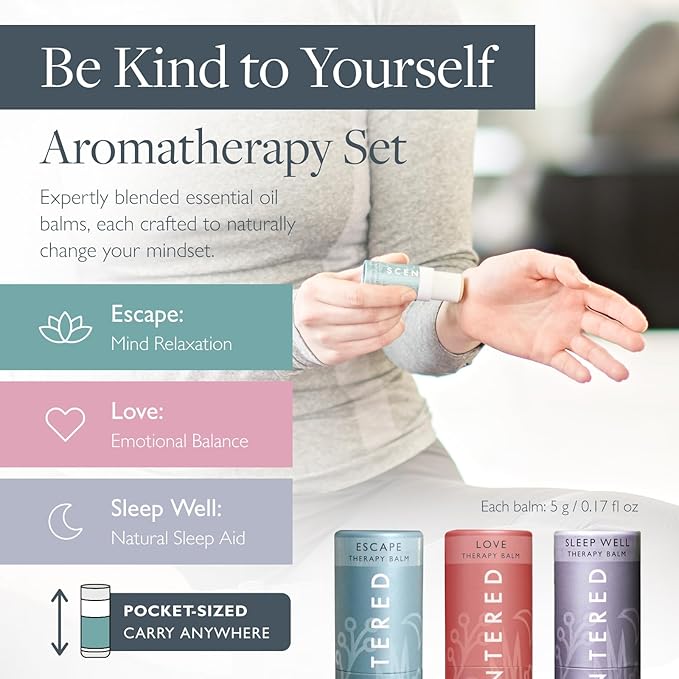 Scentered Aromatherapy Balm Gift Set - Be Kind to Yourself - Pack of 3 Balms: Sleep Well, Escape, Love - Lavender, Cedarwood, Ylang Ylang Essential Oils - Relaxing Gifts for Women - Bloomnest