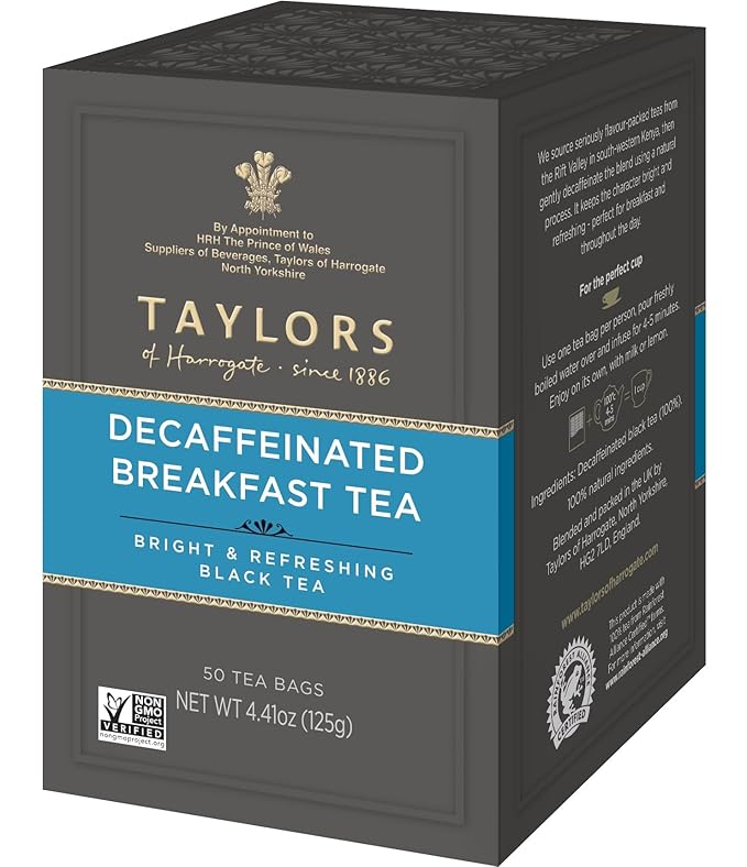 Taylors of Harrogate Decaffeinated Breakfast, Black Tea, Pillow Bags, 50 Count, (Pack of 1) Rich, Bright & Balanced, Decaffeinated, Enjoy Hot or Iced, 50 Teabags - Bloomnest