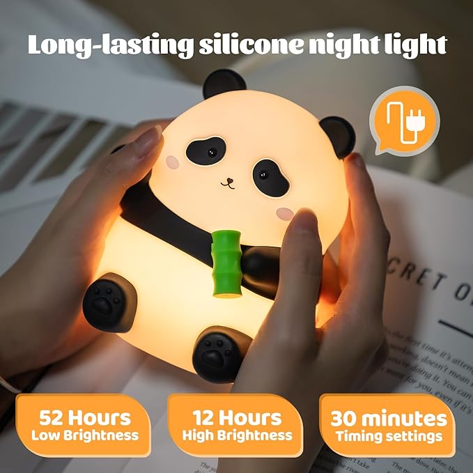 Panda Night Light, Silicone Lamp – Tap-Control Dimmable, 10H High/50H Low Battery Life, Soft Light for Breastfeeding Nursery, Cute Panda Gifts for Kids Boys Girls, Bedside Desk Decor - Bloomnest