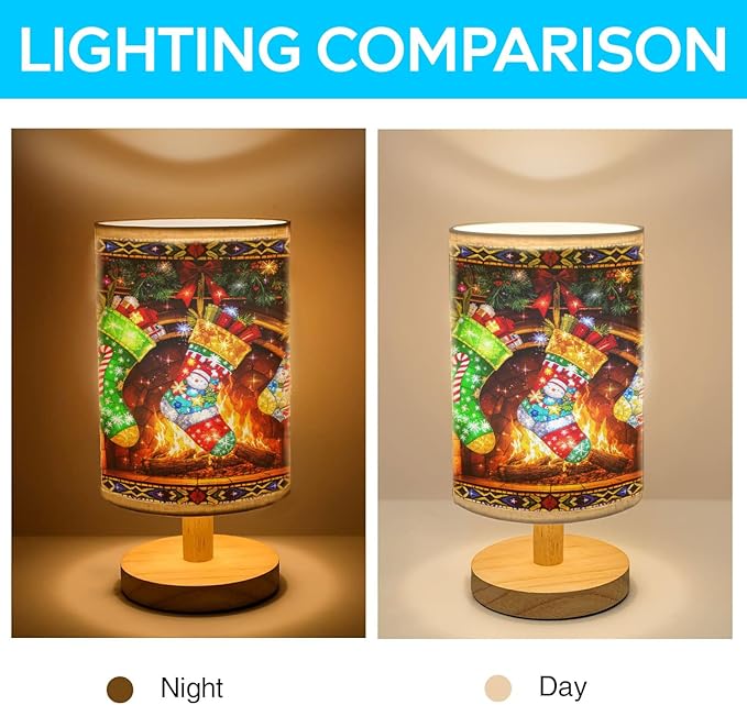 Stocking Hangs from a Cozy Fireplace Mantel Table Lamp LED 3-Color Pressed Bedside for Merry Christmas, Stocking Shade Christmas Table Lamp with Wood Base for Bedroom Living Room Desk Office - Bloomnest