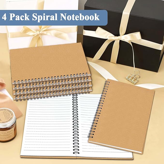 GINMLYDA 4Pack Small Spiral Notebook A5, 8.25x5.5” 120 Lined Pages Wide Ruled Spiral Journal Bulk Blank Kraft Cover Spiral Bound Notebook & Writing Pads for Home Office Meeting Work Note Taking - Bloomnest