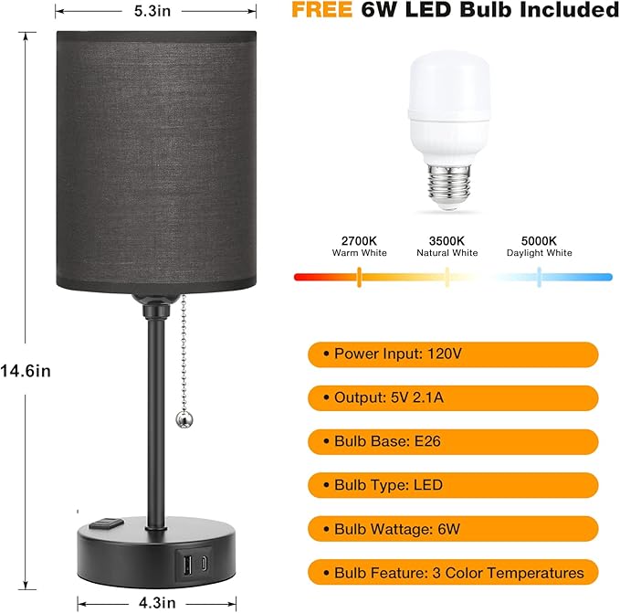 Dicoool Black Bedroom Lamp 3 Color Temperatures - Small Bedside Lamps with USB C and A Ports, Pull Chain Table Lamps with AC Outlet, Black Nightstand Light for Kids Sleeping - Bloomnest