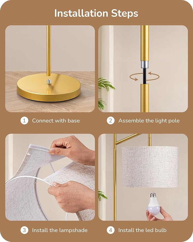 EDISHINE 64.7" Modern Minimalist Floor Lamps for Living Room with 3 Color Temperatures Bulb & Adjustable Linen Shade, Foot Pedal Switch, Tall Standing Lamp for Bedroom Office, Gold - Bloomnest