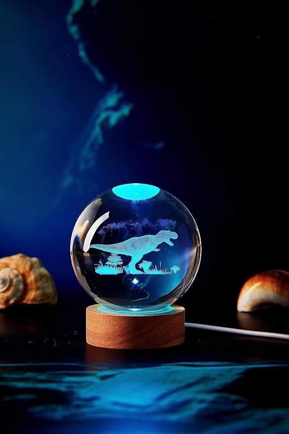 Dinosaur Crystal Ball Lamp, 3D K9 T-Rex, 3.15in USB Powered, 16 Colors Change, Remote Control, Night Light with Wooden Base, Gift Box - Bloomnest