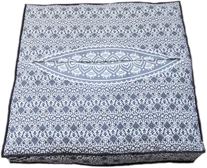 INDIAN CRAFT CASTLE ICC 24" Grey Ombre Mandala Barmeri Large Floor Pillow Cover Cushion Meditation Seating Ottoman Throw Cover Hippie Decorative Zipped Bohemian Pouf Ottoman Pom Pom Cases 24" Square - Bloomnest