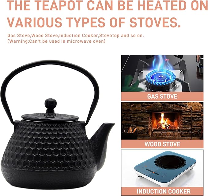 20.3oz Small Cast Iron Teapot, SECHUDO Cast Iron Tea Kettle for Stovetop Safe Coated with Enameled Interior, Cast Iron Tea Pot with Stainless Steel Infuser for Loose Tea (Black Honeycomb Pattern) - Bloomnest