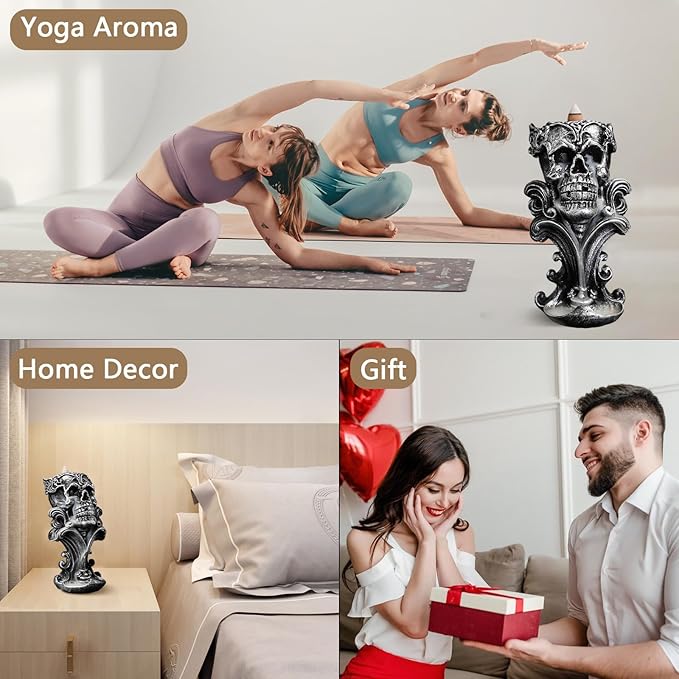 Comeon Backflow Incense Holder Burner Resin Skull Incense Burner Waterfall Incense Burner Home Decor + 20 Backflow Incense Cones + 30 Incense Sticks +1 Tweezer +1 Mat（Metallic Silver） - Bloomnest