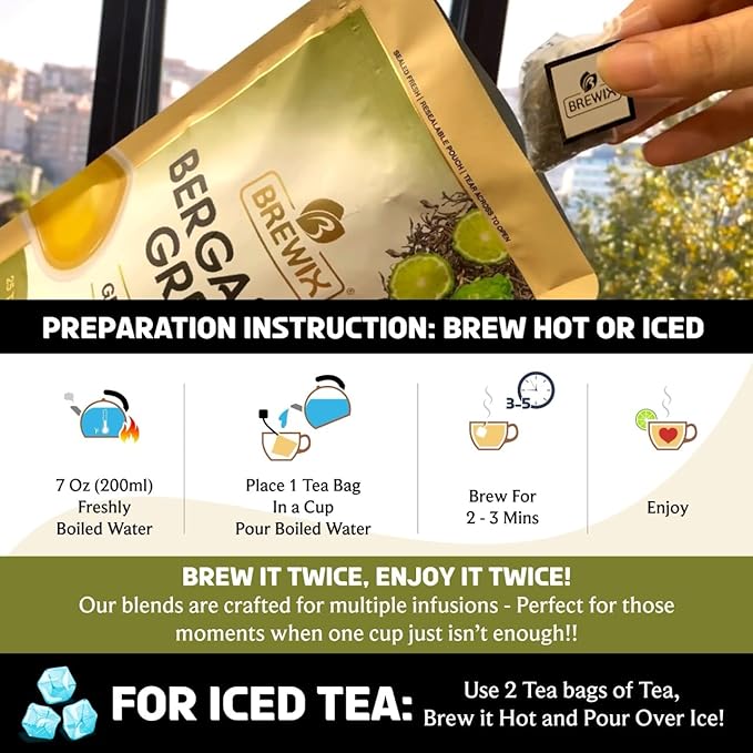 BREWIX, Bergamot Green Tea (25 Pyramid Tea Bags) | Caffeinated Tea Loose Leaf Earl Grey Green Tea With Pure Bergamot | High Elevation Grown - Bloomnest