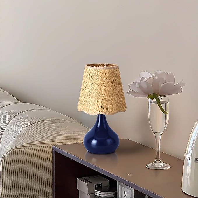 Navy Blue Small Table Lamp, Mini Bedroom Lamps for Bedside Nightstand, Rattan Shade Small Table Lamps for Small Spaces for Kitchen Counter, Bookshelf, Home Office, Living Room, Dorm - Bloomnest