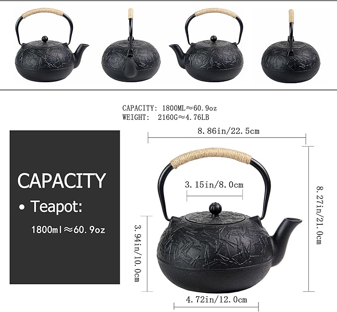 60.9oz YJX Cast Iron Teapot, Japanese Tetsubin Tea Kettle for Stovetop Safe, Cast Iron Tea Pot with Infuser for Loose Leaf, Black Kettle Teapot, Good Gift For Tea Lovers(1800ml) - Bloomnest