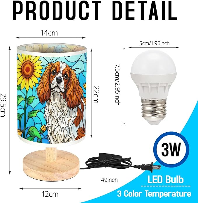 Cavalier King Table Lamp LED 3-Color Pressed Bedside, Dog Shade Lamp with Wood Base for Bedroom Living Room Desk Office - Bloomnest