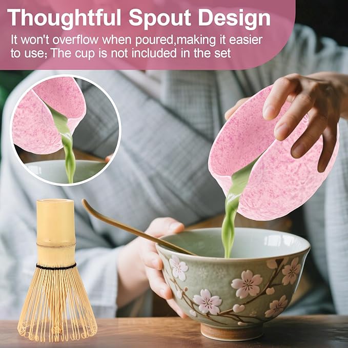 Matcha Whisk Set, 7 Pcs Matcha Kit Includes Matcha Bowl, Whisk and Holder, Bamboo Scoop, Scoop Rest, Sifter and Tea Towel, Gift for Matcha Lover (Pink) - Bloomnest