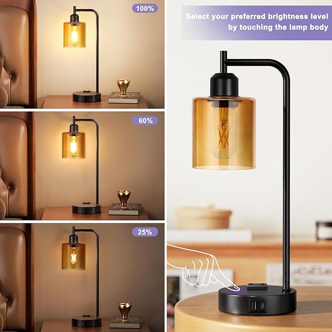 Industrial Touch Nightstand Lamps for Bedrooms Set of 2 - 3-Way Dimmable Table Lamps with USB C+A Ports and Outlet, Bedside Lamps with Amber Glass Shade for Living Room, Desk Lamps for Home Office - Bloomnest