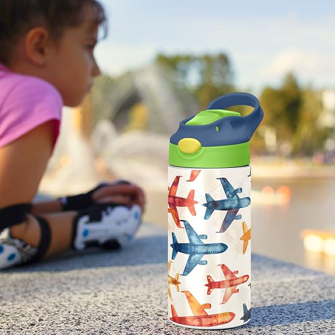 Rainbow Airplane Childish Doodle Kids Water Bottle with Straw Lid Insulated Tumbler with Handle Stainless Steel Reusable Toddlers Cup for Kids Boys 12 oz - Bloomnest