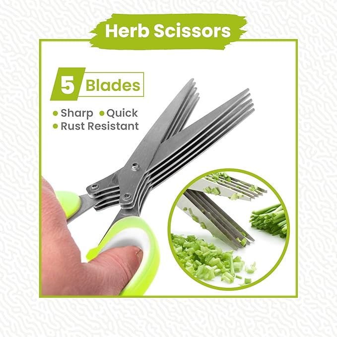 5-Blade Stainless Steel Herb Scissors Set with Vegetable Peeler, Shredder & Cleaning Comb – Multi-Use Herb Stripper for Chopping, Slicing, Shredding Kale and Fresh Herbs - Bloomnest