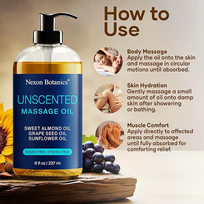 Unscented Massage Oil for Massage Therapy 8 fl oz - Refreshing and Relaxing - Natural Oils with Sweet Almond, Grape Seed and Sunflower Oil - for Men and Women - Nexon Botanics - Bloomnest