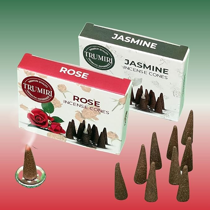 TRUMIRI Incense Cones - Combo Pack of 20 Cone Incense - 10 Rose + 10 Jasmine - Insence Cones - Incense Cones Scented - Cone Incense Scents - Insense Cones - Incent Cone TRUMIRI