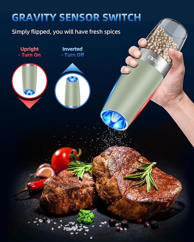 Gravity Electric Pepper and Salt Grinder Set, Adjustable Coarseness, Battery Powered with LED Light, One Hand Automatic Operation,Light Green, 2 Pack - Bloomnest