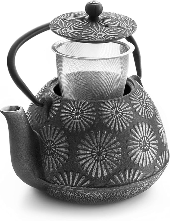 IBILI 40 Oz Bali Cast Iron Teapot | Made in Spain | Stainless Steel Infuser, Enameled Interior, Stovetop & Induction Compatible, Japanese Kettle for Loose Leaf Tea, Tetsubin Design, Silver - Bloomnest