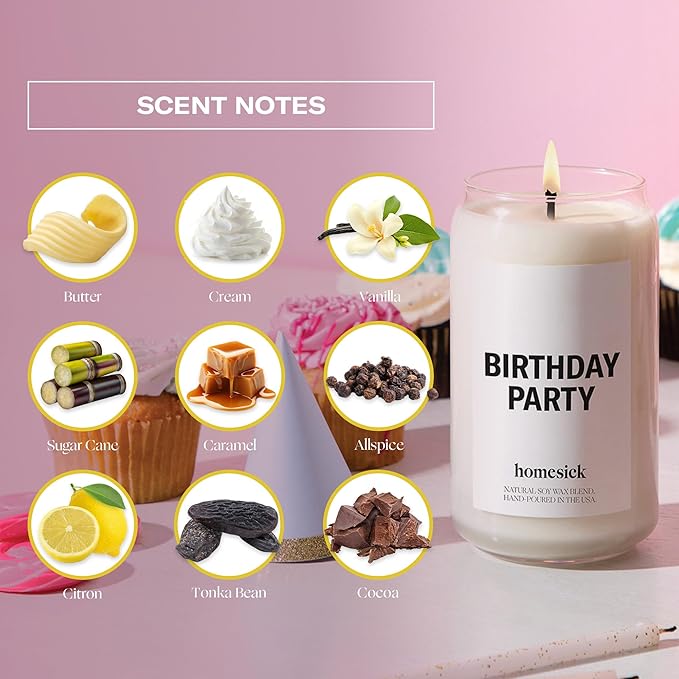 Homesick Scented Candles for Home (Birthday Party) - 13.75 oz Long-Lasting Natural Soy Wax Blend Jar Candle Gifts for Women & Men, 60-80 Hours Burn Time - Notes of Butter, Cream & Vanilla - Bloomnest