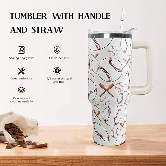 Ceovfoi 40 oz Baseball Coffee Mug Cup Vacuum Insulated Travel Tumbler with Handle Lid and Straw,Baseball Coach Gifts,Baseball Accessories Stuff - Bloomnest