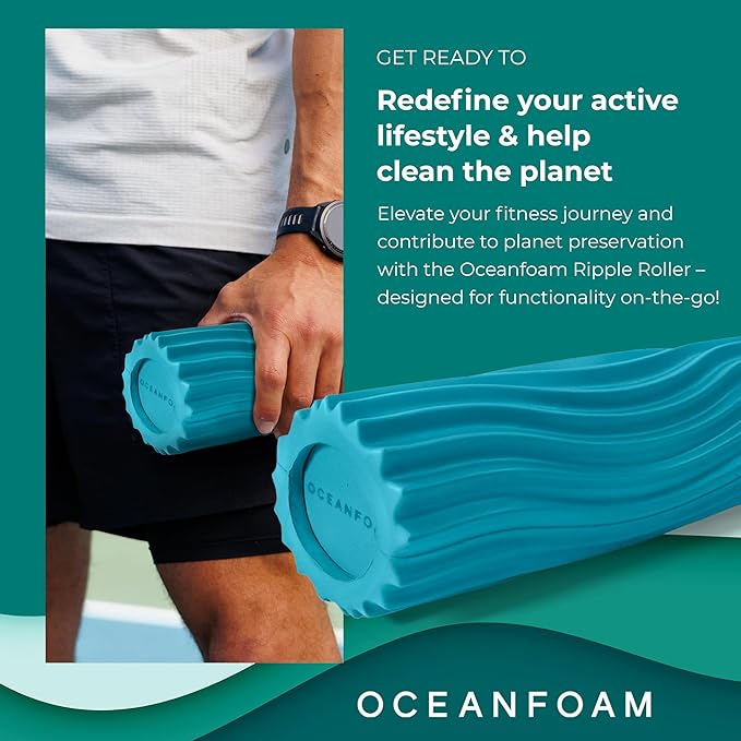 Oceanfoam Ripple Travel Foam Roller (11" x 3.35") Firm Mini Foam Roller for Physical Therapy, Deep Tissue Massage, Back Pain, High Density, Ergonomic Wave Textured, Yoga, Pilate, Exercise (Miami Blue) - Bloomnest
