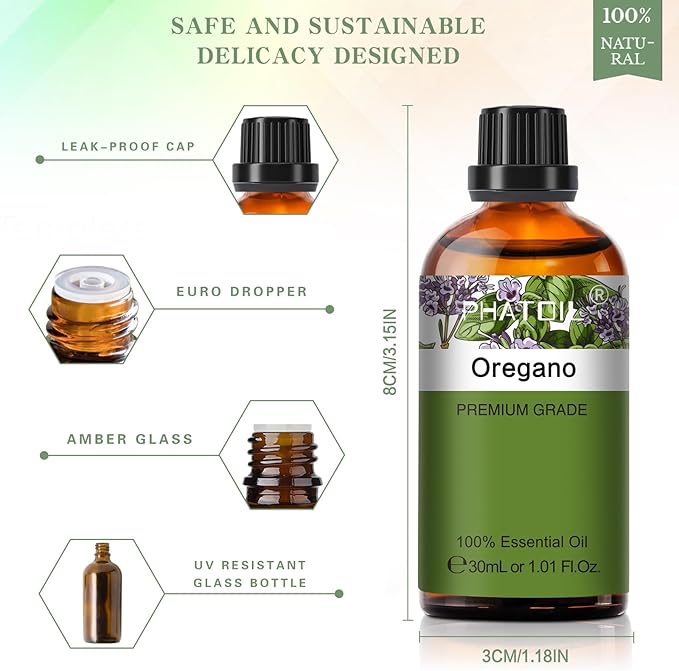 Oregano 1.01fl.oz Essential Oil, PHATOIL Pure Aromatherapy Oils for Diffuser, Humidifier, Perfect for DIY Soap, Candle, Bath Bombs Making(30ml) PHATOIL
