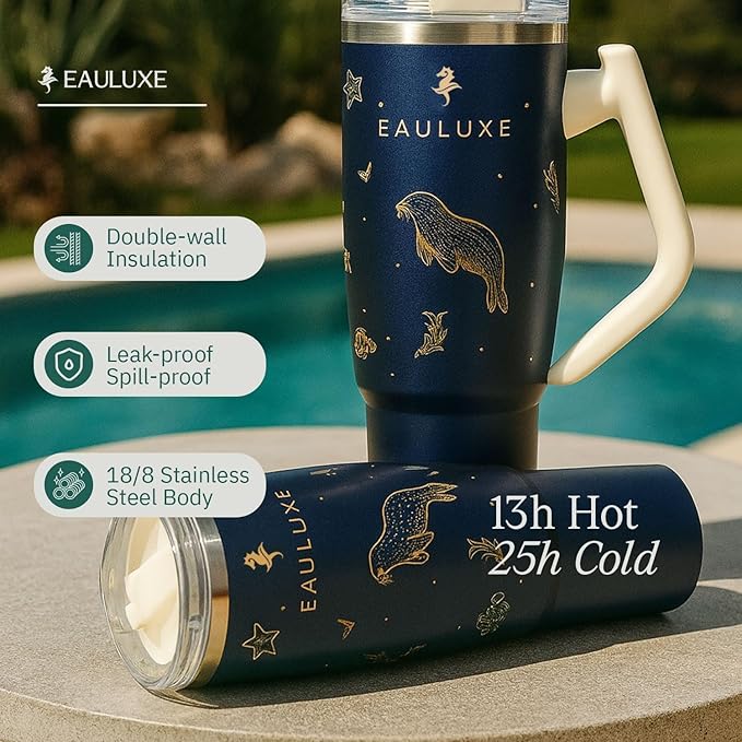 DriftFlow 40 oz Luxury Insulated Tumbler – Midnight Blue with Gold Embossing | Premium Stainless Steel Double-Wall Travel Mug with Handle & Straw Lid – Leak-Proof, Hot 13 H/Cold 25 H - Bloomnest