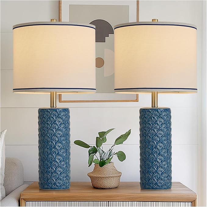 27" Farmhouse Bedside Table Lamp Set of 2, Bule Modern Ceramic Lamps for Living Room, 3 Color Temperature Rustic Table Lamps for Bedroom, Night Stands, Dorm,Office, Home Décor (Bulb Included) - Bloomnest