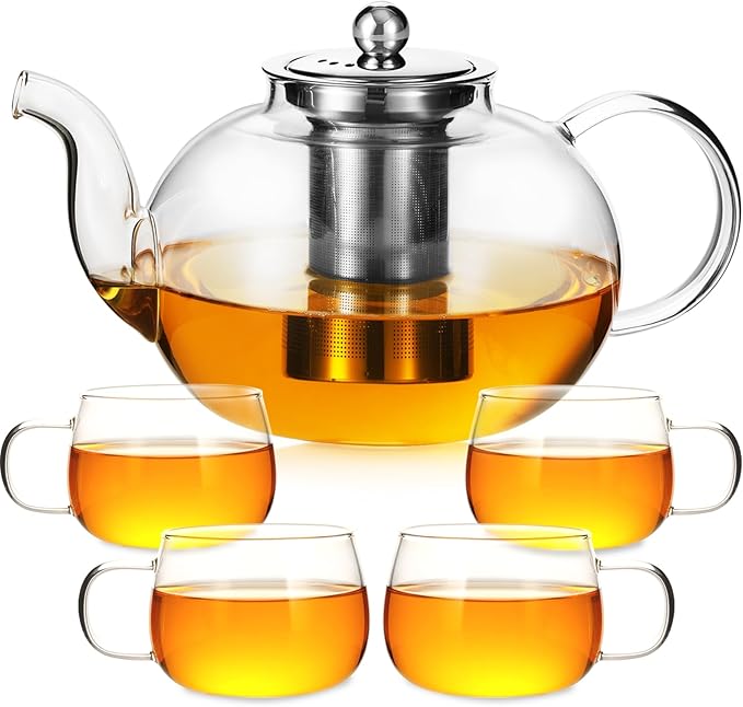50OZ/1500ML Glass Teapot Set with 4 Teacups & Removable Stainless Steel Infuser, Stovetop & Microwave Safe Clear Tea Maker Water Kettle with 12OZ/360ML Tea Cups for Loose Leaf Blooming Tea - Bloomnest