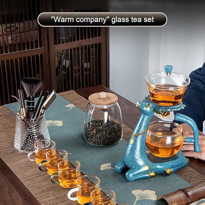 Kungfu Magic Deer Tea Set Glass Magnetic Teapot Semi-Automatic Water Guide Magnetic Teapot with Infuser Heat-Resistant Glass Magic Deer Tea Pot Magic Tea Set Perfect of Holiday Gifts (Blue)