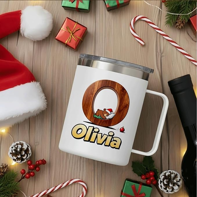 JugJug Personalized Christmas Mug with Initial & Name - Cute Sleeping Bear 12oz Insulated Coffee Cup w/Lid - Xmas Gifts for Kids, Boys, Girls (B175) - Bloomnest