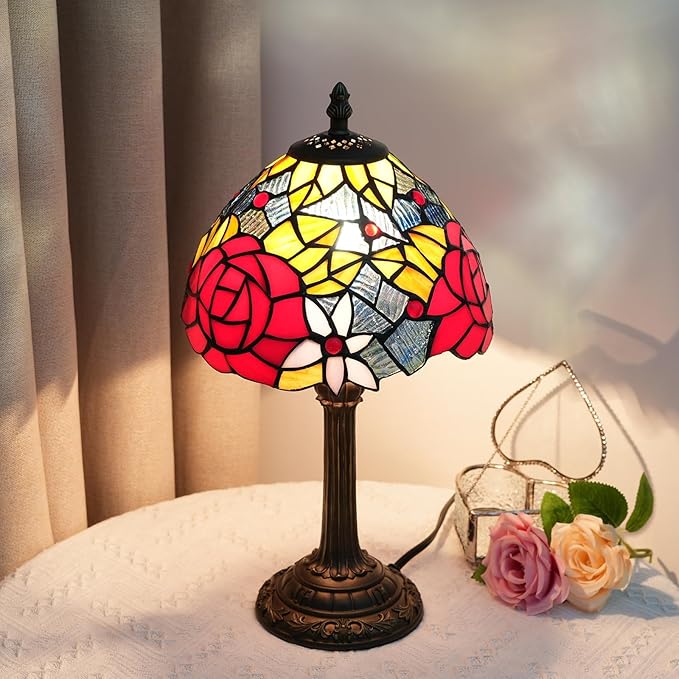 Tiffany Lamp Bedside Table Lamp-Nightstand,Stained Glass Lamp for Bedroom Dorm Living Kitchen, Aesthetic Cute Home Decor Gift (Rose) - Bloomnest