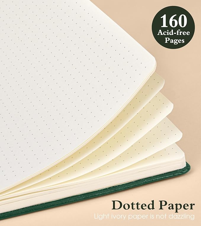 Dotted Journal Notebook for Women Men, 160 Pages Dot Grid Journals for Writing, A5 Hardcover Vintage Leather Bullet Journaling Notebooks for School, Work, Travel, Note Taking 5.8"x8.5"(Green) - Bloomnest