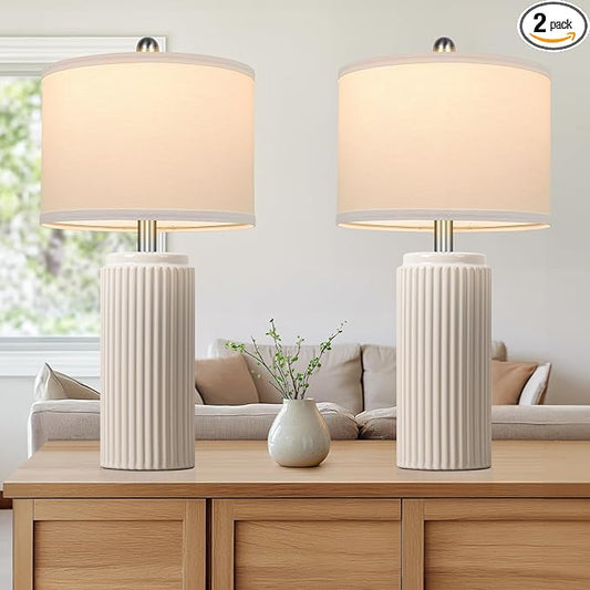 TOBUSA 23.5’’ Modern Ceramic Table Lamps Set of 2 for Living Room, Farmhouse Vintage Bedside Table Lamps with White Linen Shade, Rustic Bedroom Ceramic Lamps for Nightstand Home Office End Table Dorm - Bloomnest