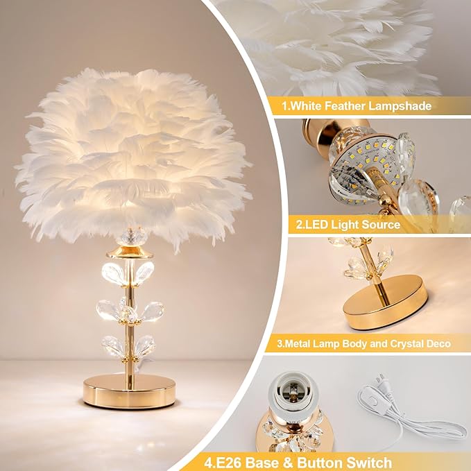 Chic White Feather Lamp Creative Fluffy Table Lamp Cute Kids Bedside Lamp Modern Feather Desk Light for Teen Girls Bedroom Living Room Entryway Study Room Wedding Deco - Bloomnest