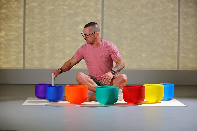 TOPFUND 7-12 inch Chakra Set of 7 Color Crystal Singing Bowls with Heavy Duty Carrying Cases and Mallets