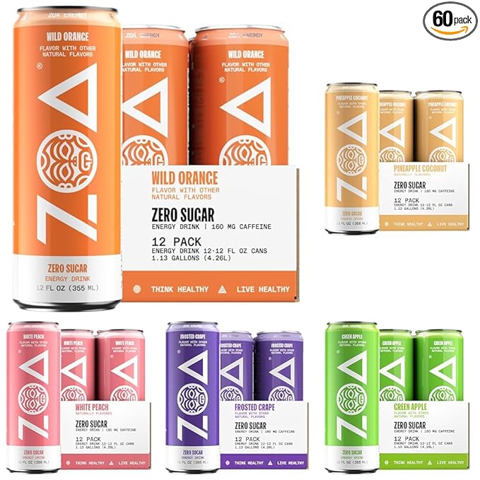 ZOA Zero Sugar Energy Drinks, Fruity Flavors Bundle - Sugar Free with Electrolytes, Healthy Vitamin C, Amino Acids, Essential B-Vitamins, and Caffeine from Green Tea - 12 Fl Oz (60-Pack) - Bloomnest