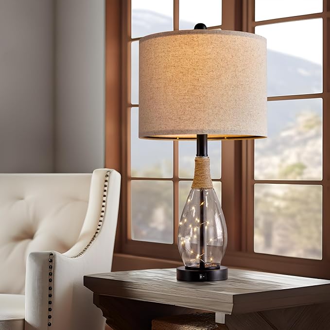 OYEARS 23" Farmhouse Table Lamps for Living Room,Boho Rattan Bedside Lamps with USB-C & USB-A Ports, Glass Nightlight, Dual Light Sources, Black - Bloomnest