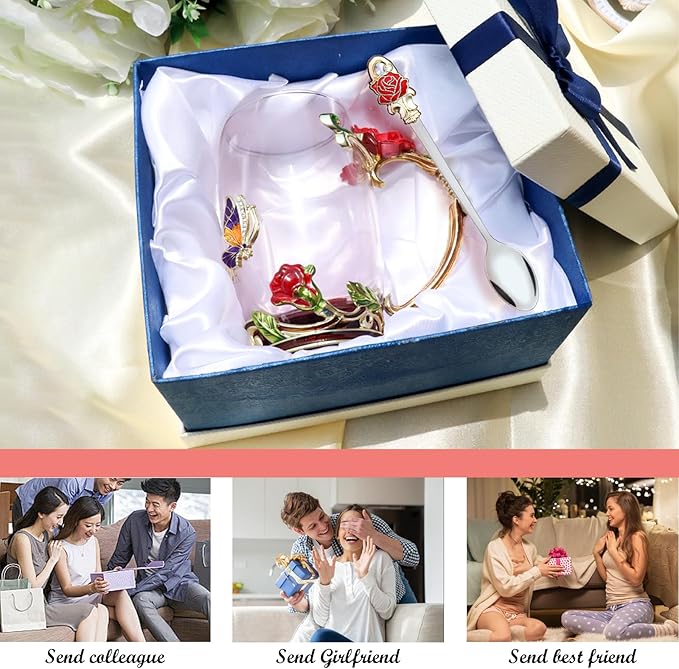 Flower Tea Cup ,Butterfly Rose Clear Glass Fancy Coffee Mug with Spoon,Gift Box for Her Mom Wife Grandma Girls Friends Valentines Christmas Birthday Present Idea for Juice,Hot And Cold Drinks Use - Bloomnest