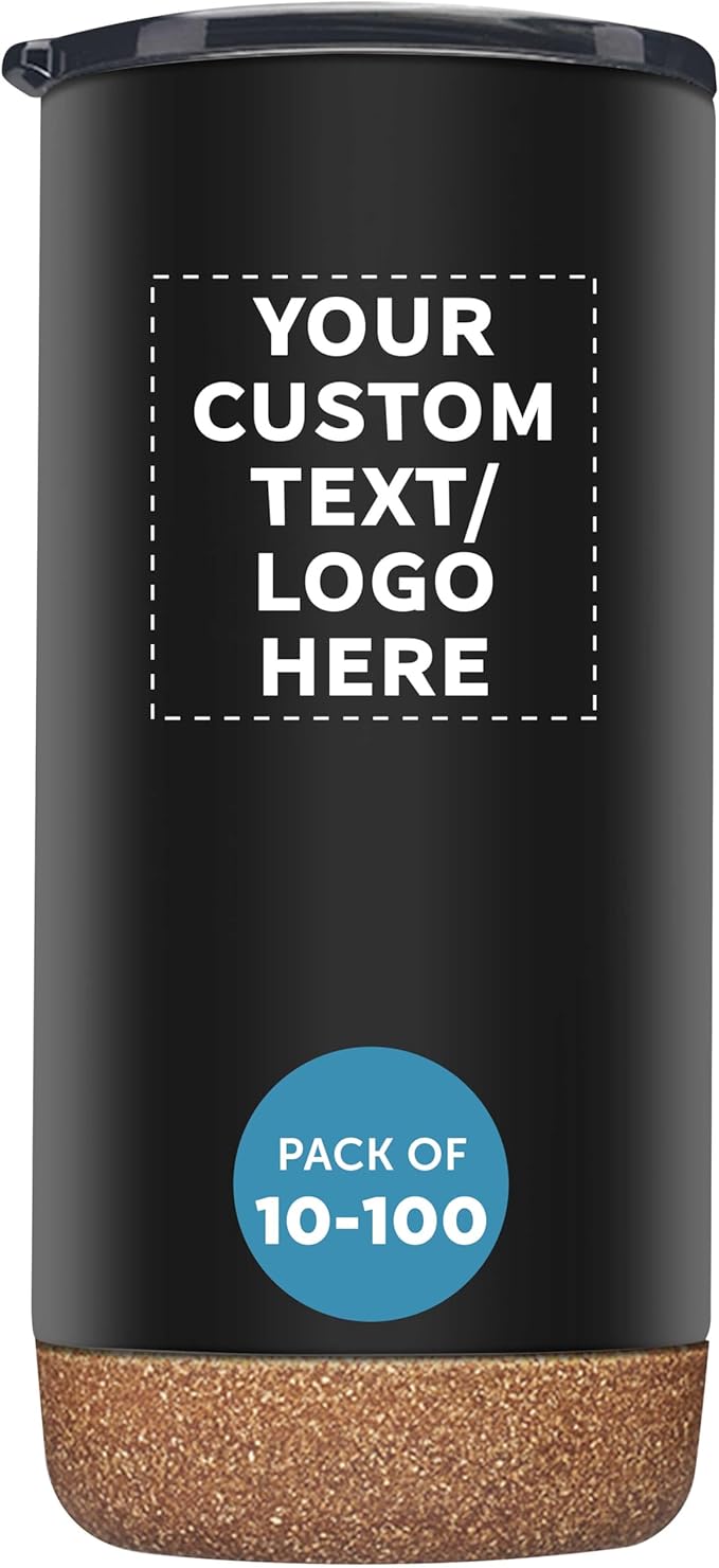 DISCOUNT PROMOS Custom Tumblers Cork Bottom 16 oz Set of 10/50/100 Personalized Bulk Pack Double Wall Insulated Matte Finish Iced Coffee Soda - Black - Bloomnest